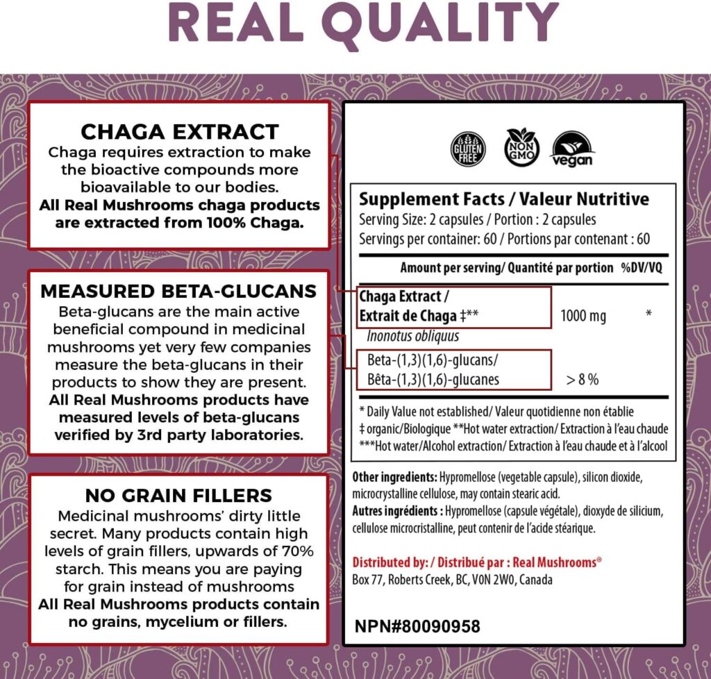 Chaga Mushroom Extract by Real Mushrooms - 60g Bulk Powder - Wild Harvested - Use with Shakes, Smoothies, Coffee and Tea (120 Count (Pack of 1)